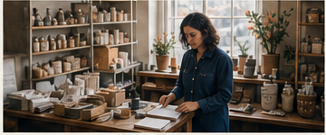 Independent shop owner working in her studio